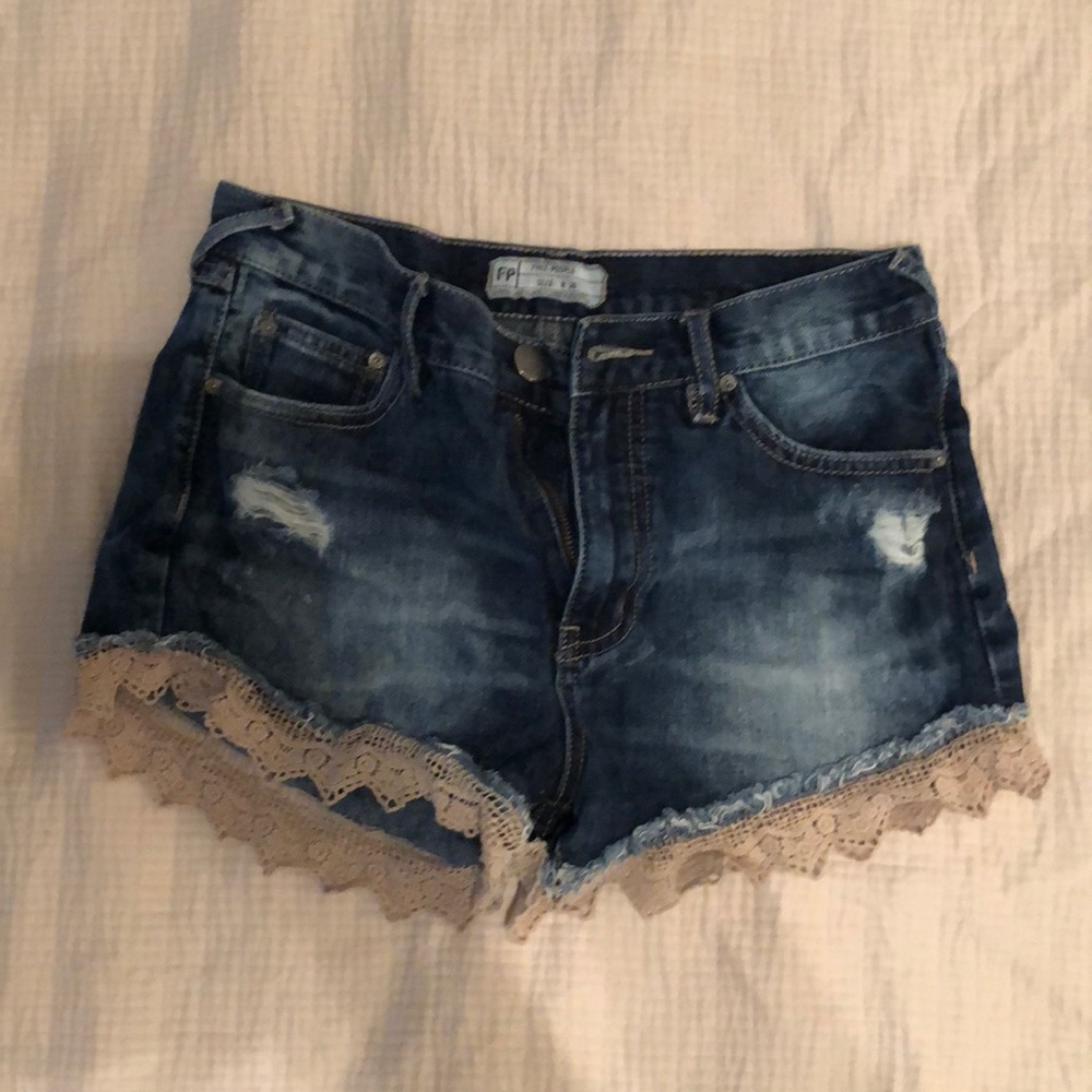 FP Dark wash denim shorts with lace trim